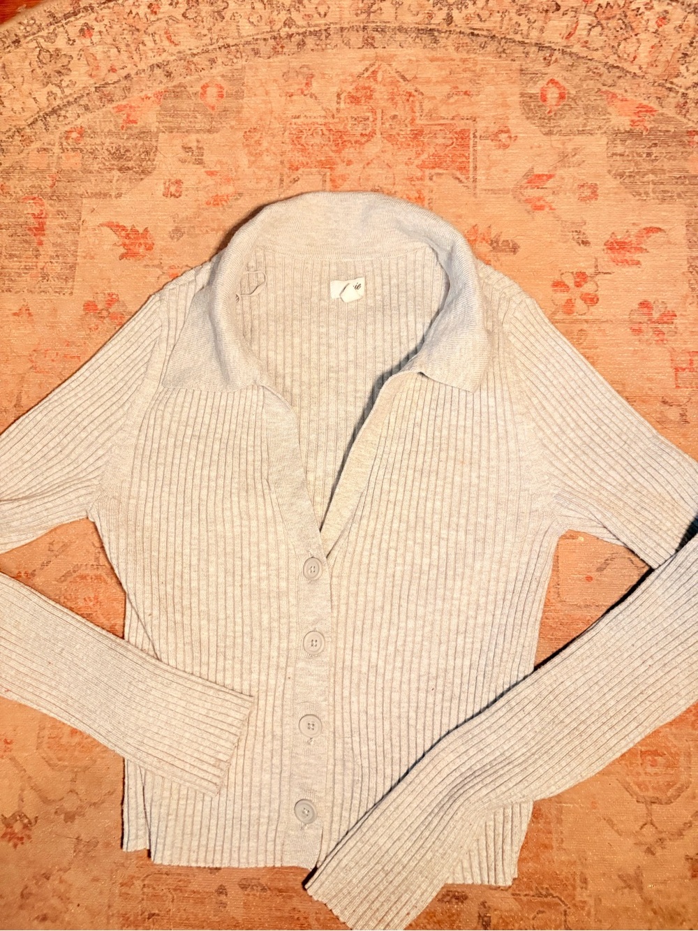 aerie Light Beige Ribbed Button-Up Cardigan